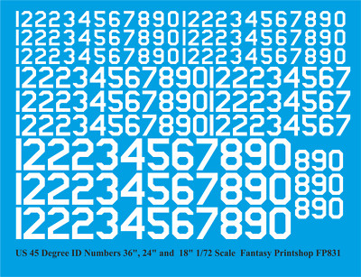  USA 45 DEG ID NUMMERN 36'' 24'' 18'' Wasserschiebe Transfers Abziehbilder FP831 weiß 1/72
