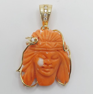 Authentic Hand-Carved Coral Pendant in Gold-Plated Silver – Native American Chief