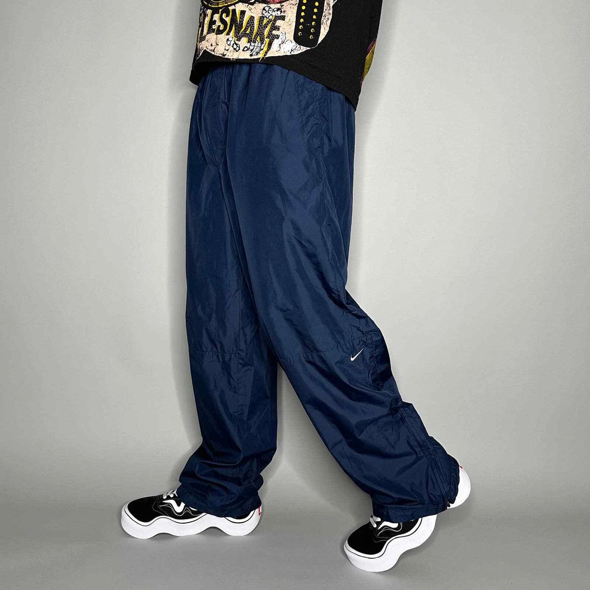 Vintage Nike Track Pants XL Navy Blue Nylon White Swoosh Baggy Silver Tag Y2K
