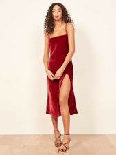 REFORMATION Crimson Red Velvet Velour ARIANA High Slit Shoulder Tie Dress S 2/4