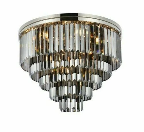 Large Polished Nickel Flush Mount Crystal Light Silver Shade Dining Room Fixture - Picture 3 of 9