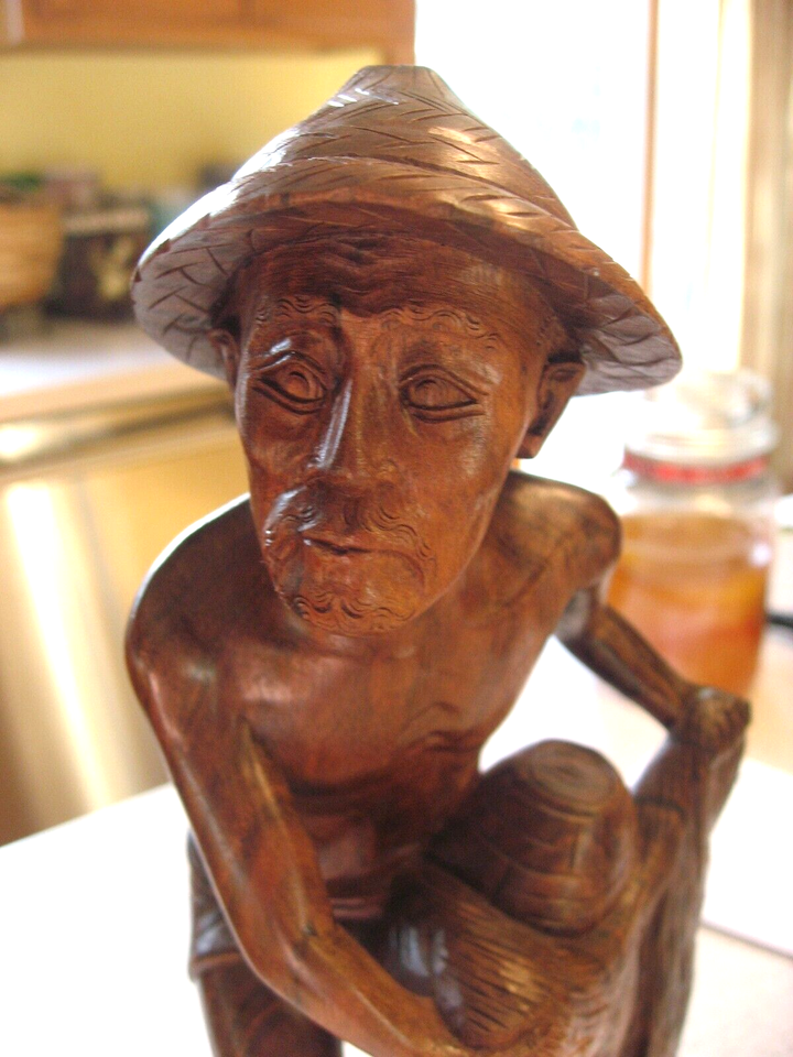 Vintage Asian Wooden Hand Carved Fisherman Casting His Nets Figurine 12