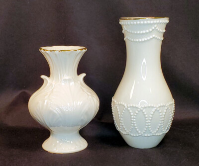 Lenox Vases Pair Elfin and Beaded Pattern Cream with Gold Trim
