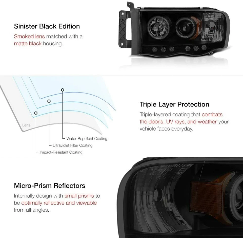 Black Smoke Fit 2002-2005 Dodge RAM Halo Projector Headlights LED Bar Left+Right - Image 4 of 4