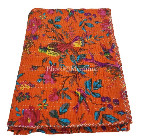 Manta de colcha hecha a mano con estampado de pájaro Kantha edredón algodón indio - Imagen 2 de 22