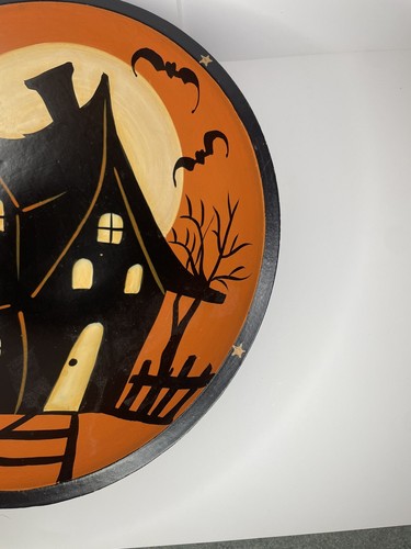WOODEN Painted HALLOWEEN Spooky Haunted House Bats BOWL - Picture 5 of 9