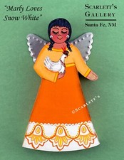Hispanic Folk Art SMALL WOODEN ANGEL with Chicken by SYLVIA MARTINEZ, 5-1/4”