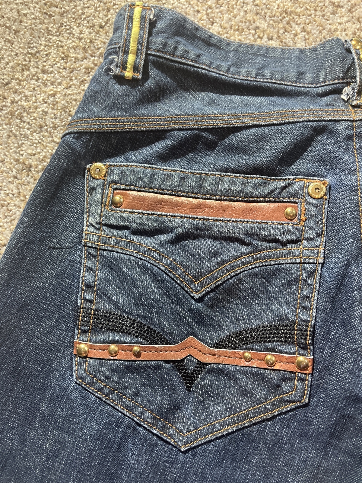 Parish Mens Jeans Straight Distressed Embellished Size 36 (32x 28.5) Button Fly - View 2