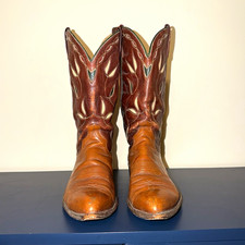 Vintage Polo Ralph Lauren Western Cowboy Boots Leaf Inlay Brown Tan Green Piping
