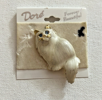 Dore 2.5'' Enamel Cat Pin/Brooch White & Gold EUC