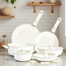 22-Piece Nonstick Aluminum Cookware Set - Detachable Handle Pots Pans Lids Beige