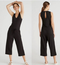 Quince Black French Terry Modal Jumpsuit V Neck Tie Waist Womens M Comfort E10