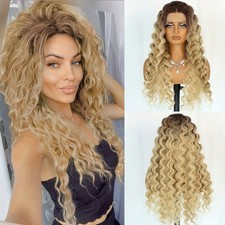 Brown Roots Blonde Ombre Hair Long Synthetic Deep Wave Lace Front Wigs Glueless