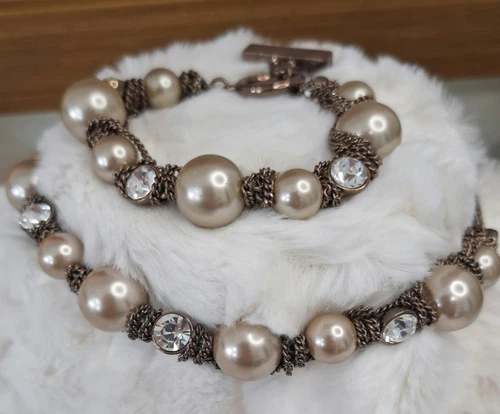 Collana e bracciale Givenchy champagne finta perla e pietra trasparente tono rame rosa