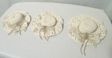 3 White Crochet doll size hats with gold beads, white and gold lace with flowers