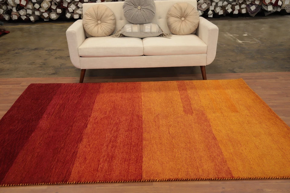 Alfombra moderna hecha a mano de lana naranja 6x8 en tonos cálidos de puesta de sol degradado de lujo Foto 3 de 4