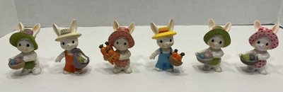 Vintage Enesco Easter Bunny Rabbit Figures Farmer Country Style 6 PCs 1982