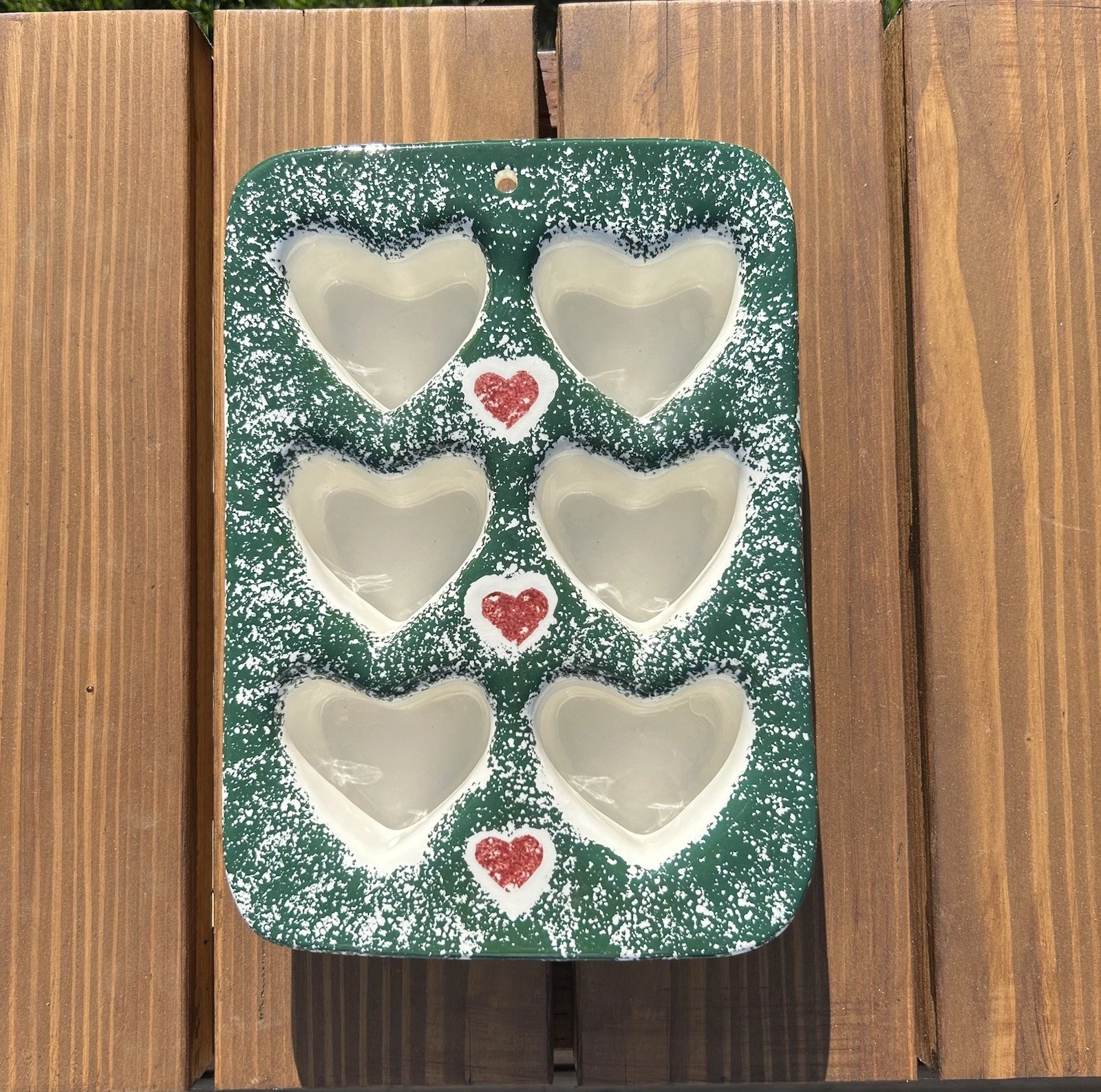 Vintage Heart Green Spongeware Pottery Muffin Baking Dish Cottage Core