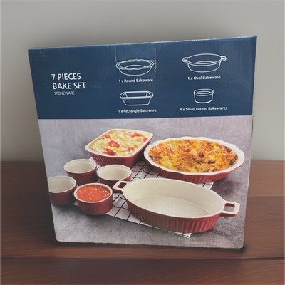 Stoneware Bakeware Set 7-Piece Red White Oven Safe Round Oval Rectangle