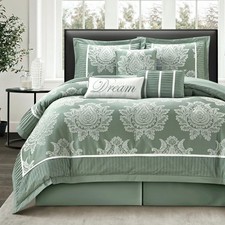 Sage Queen Comforter Set 7 Pieces, Jacquard Woven with Damask, Bedding Set in...