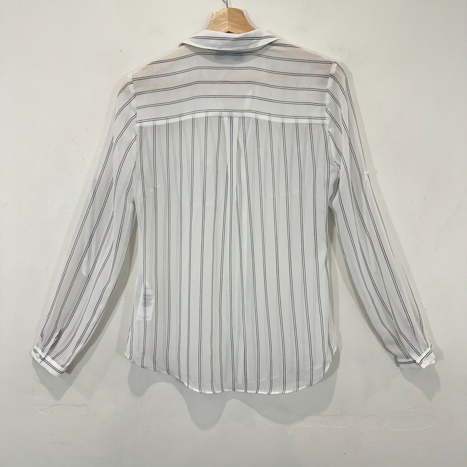 Forever New Top Women AU 6 White Striped Button Up Roll Tab Sleeve Sheer image 2