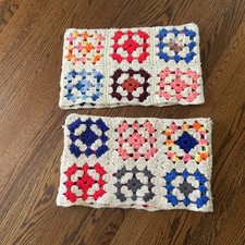 VTG Pair Hand Made Crochet Colorful Granny Square Pillow Covers READ