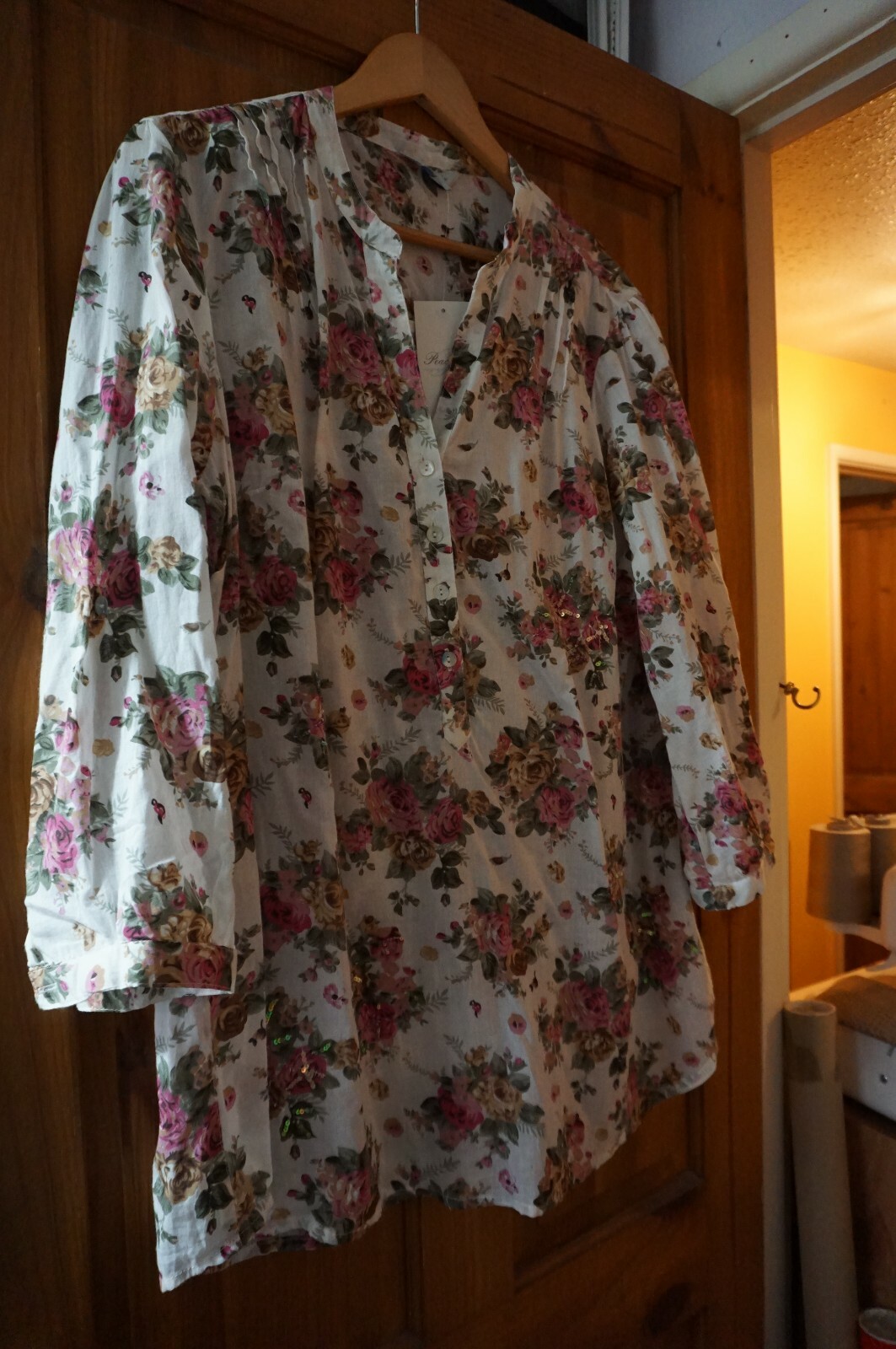 Pink, green white chintzy print floral sequins hippie boho gypsy blouse 18 BNWT