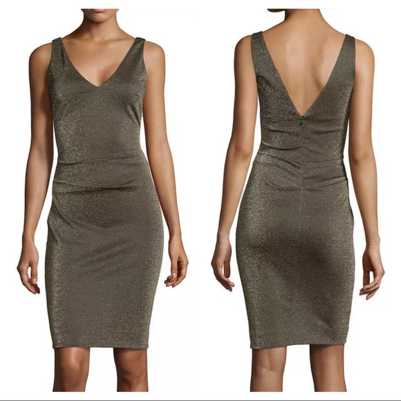 Nicole Miller Black & Gold Glitter Sleeveless V-Neck Draped Cocktail Dress Nicole Miller Black & Gold Glitter Sleeveless V-Neck Draped Cocktail Dress