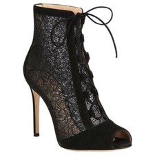 Gianvito Rossi Black Lace & Suede Peep Toe Ankle Boots 40 UK7 US10 RRP £870