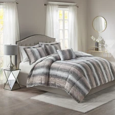 BEAUTIFUL ULTRA SOFT LUXURY PLUSH GREY PINK FAUX FUR MODERN CHIC COMFORTER SET