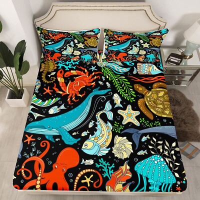 Marine Life Fitted Sheet Queen,Whale Octopus Crab Tortoise Goldfish Bed Cover...