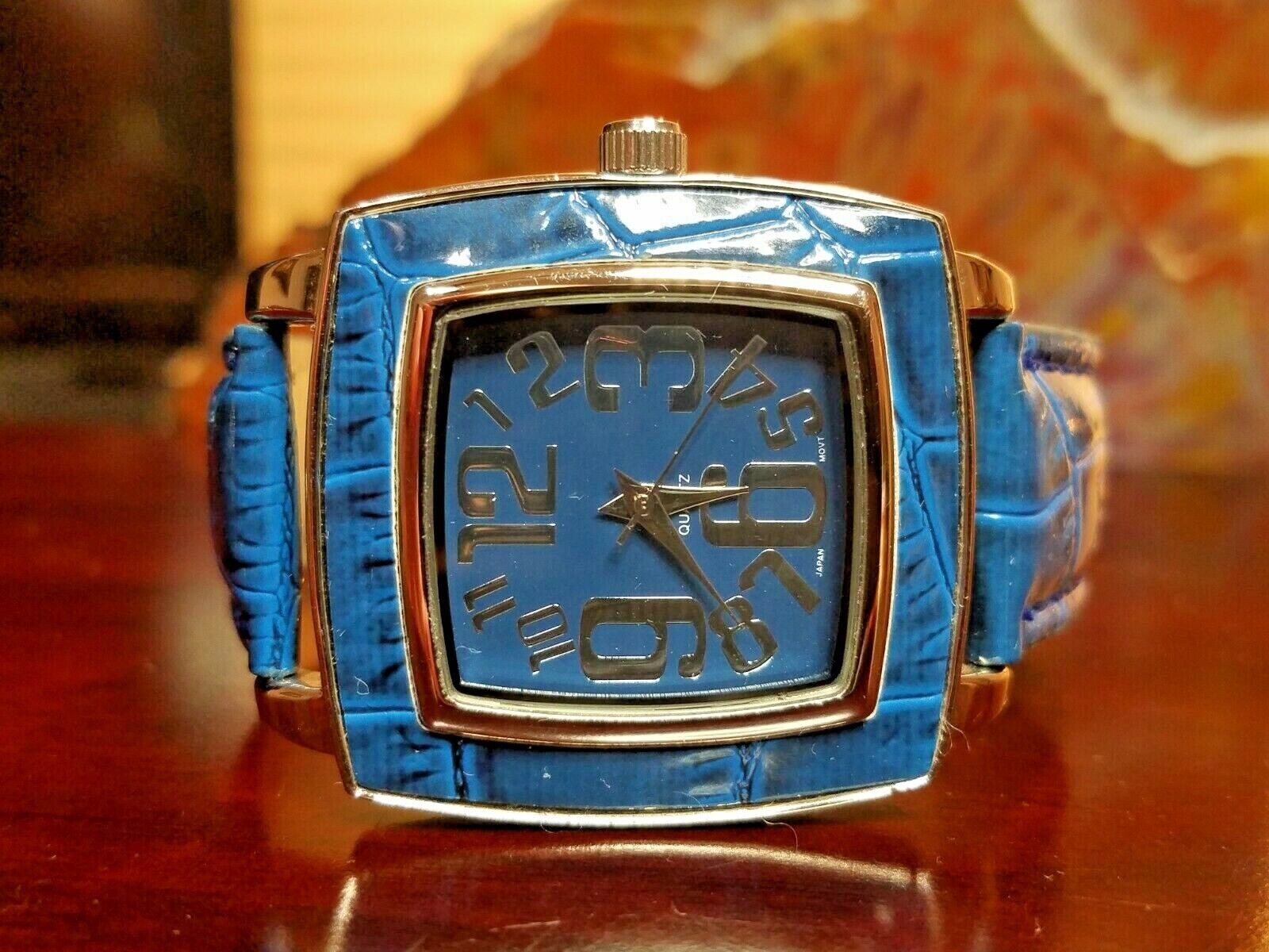 Silver Tone BWC Watch, Square Blue Face, Blue Leather Band