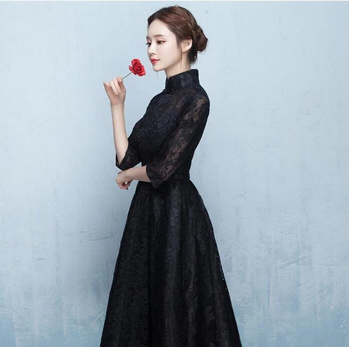 Chinesischer Stil Spitze Blumen Langarm schwarz Kleider Damen formell Cocktailkleid - Bild 3 von 17