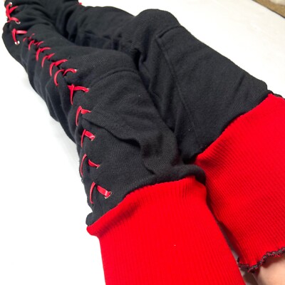 Red Corset Thigh Highs Black Lace Up Leg Warmers Over the Knee Socks Leggings OS