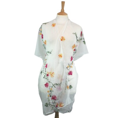 Kaftan Beach Cover Up Blue Pink Yellow Green Bright Flower Embroidered  Wrap