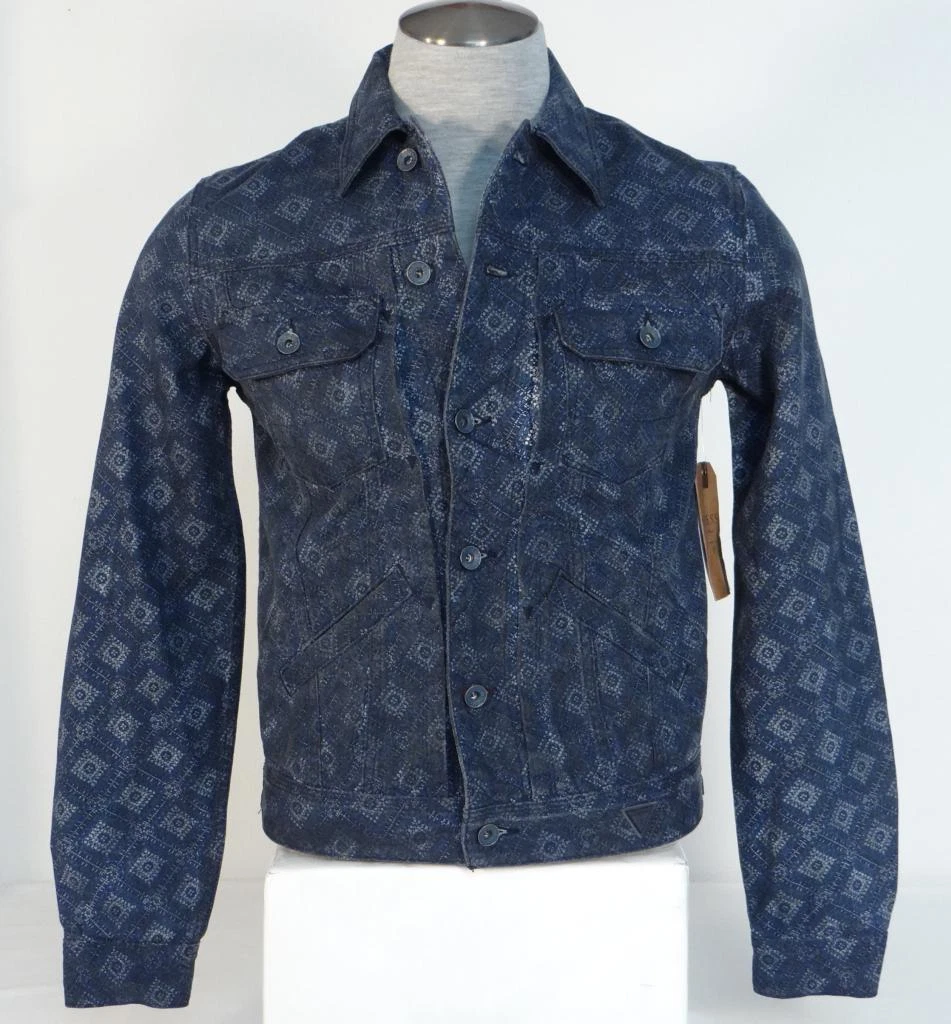 Guess Geo Print Button Front Blue Gray Cotton Denim Jacket Mens NWT