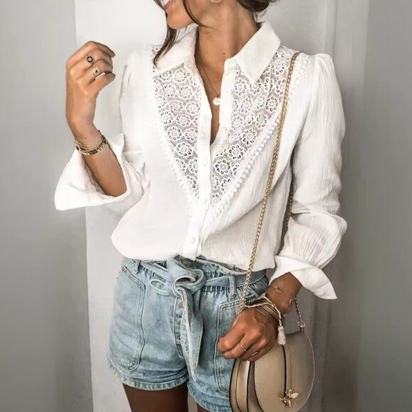 Boho White Lace Cotton Blouse Long Sleeve Button Front Top Women's XL