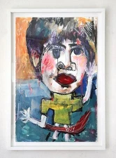 Large Abstract Expressionist Painting Signed Acrylic on Paper "BOY" Framed