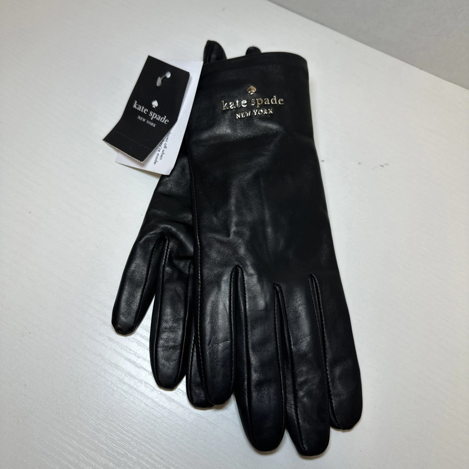 Kate Spade Black Lamb’s Leather Gloves ~ Gold Lettering Logo~ Size Large~ New