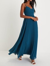 Lulus Maxi Dress Size M Sensational Charmer Teal Blue Pleated Sleeveless Wedding