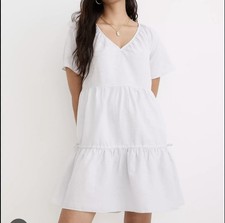 Madewell Linen Tiered Dress XS Blue V Neck Oversized Summer Beach Coastal Boho