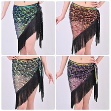 Women Sequin Belly Dance Hip Scarf with Fringe Tassels Boho Dancewear Performanc