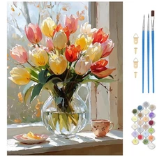 Flower Paint by Numbers Kit for Adults, Tulips Paint by Numbers Kits for Beginne