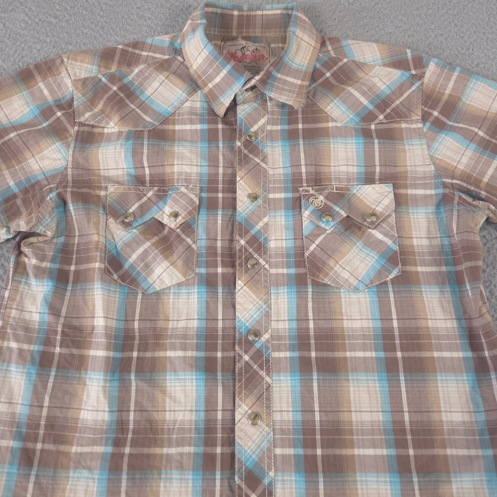 VINTAGE Wrangler Shirt Womens Medium Brown Blue Pearl Snap Plaid Pearl Snap 90s