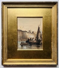 Antique 19th Century Watercolor Painting Dutch School Harbor Ships Boats Seaside