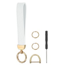 7" Leather Wristlet Keychain Car Key Chain Holder Gold Tone/White