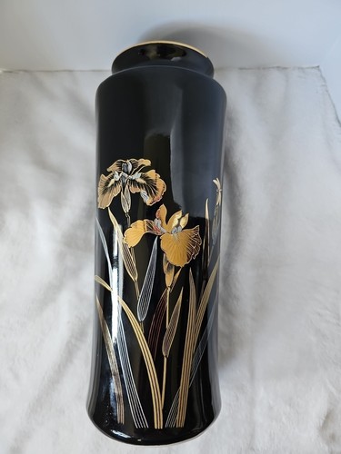 Vintage Large 11" Tall Vase - Golden Iris with Dragonfly - Black, Japan - Picture 10 of 10