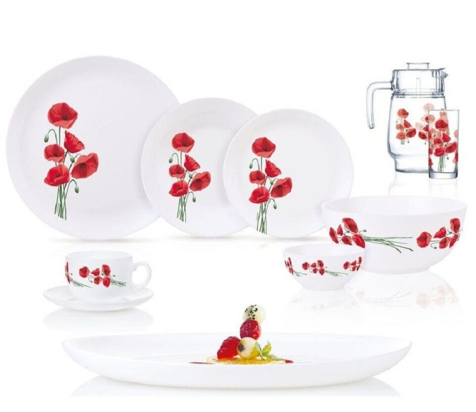 Tempered Glass Dinner Set Red Poppy