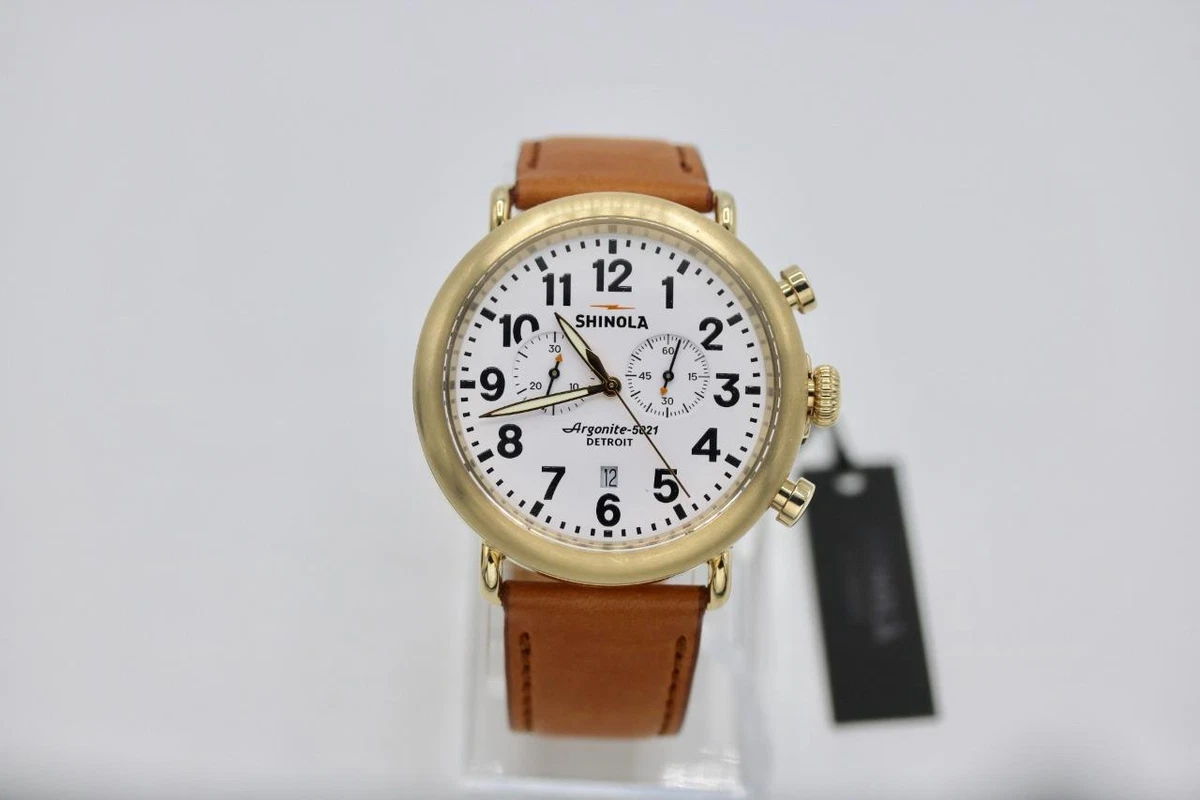 Shinola Runwell Chrono Gold 47mm Case White Dial Brown Strap Watch