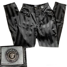 Vintage VERSACE COUTURE Black Satin Stripe Jeans Size XS High Rise Medusa Pants